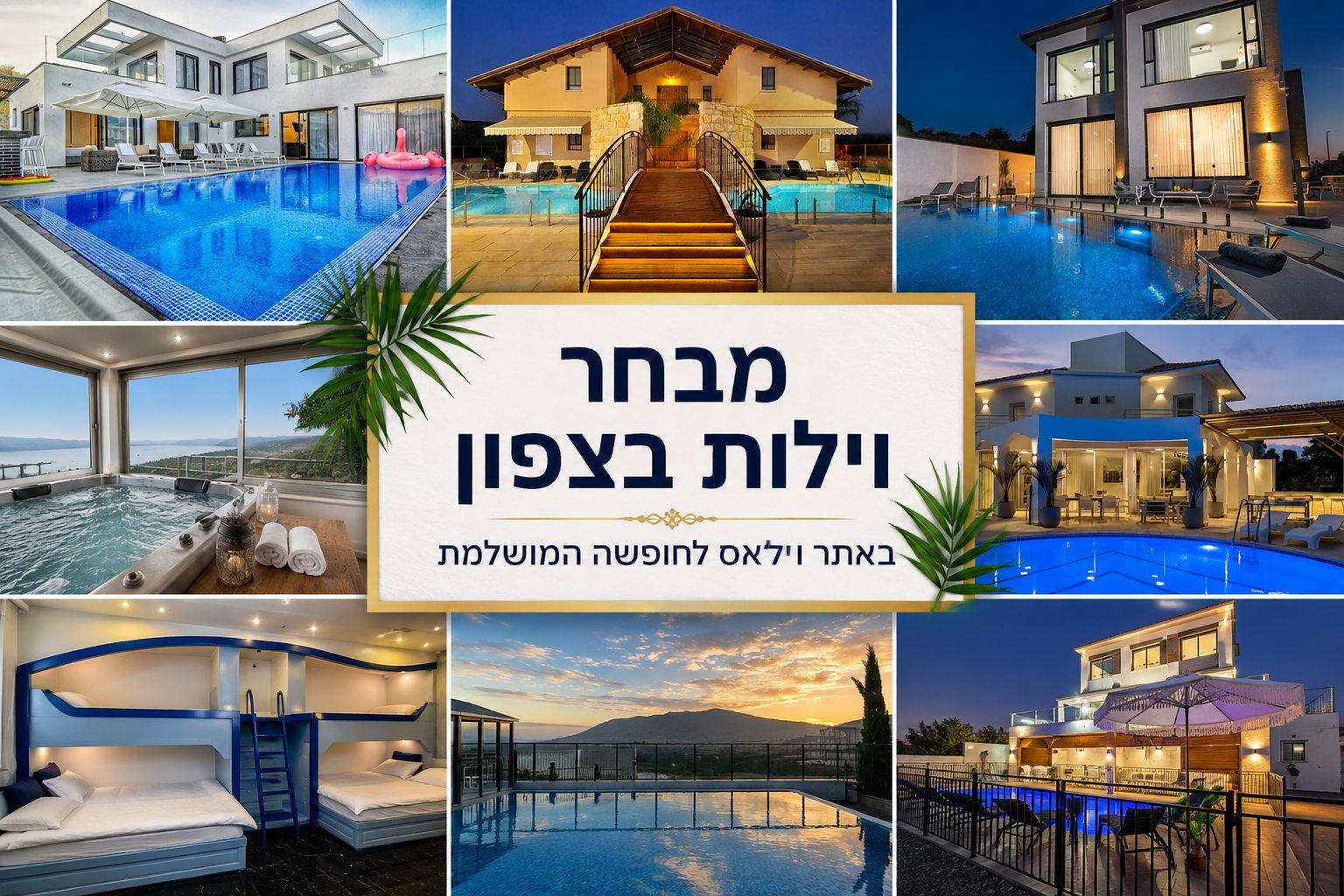 קולאז׳ של וילות בצפון עם בריכות, ג׳קוזי ונוף לכינרת